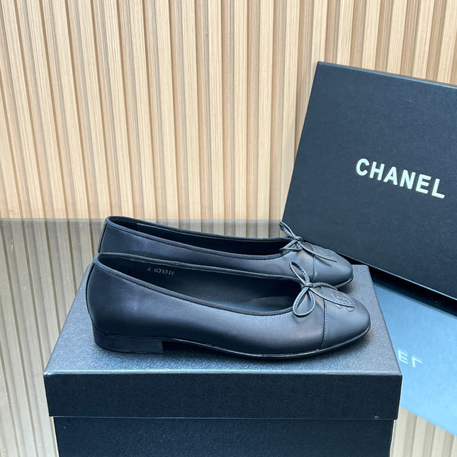 CHANEL 25S BALLET FLATS 20MM IN BLACK CALFSKIN WITH BOW