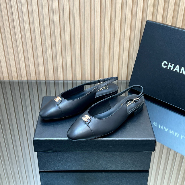 CHANEL 25S SLINGBACK FLATS IN BLACK CALFSKIN GOLD HARDWRE