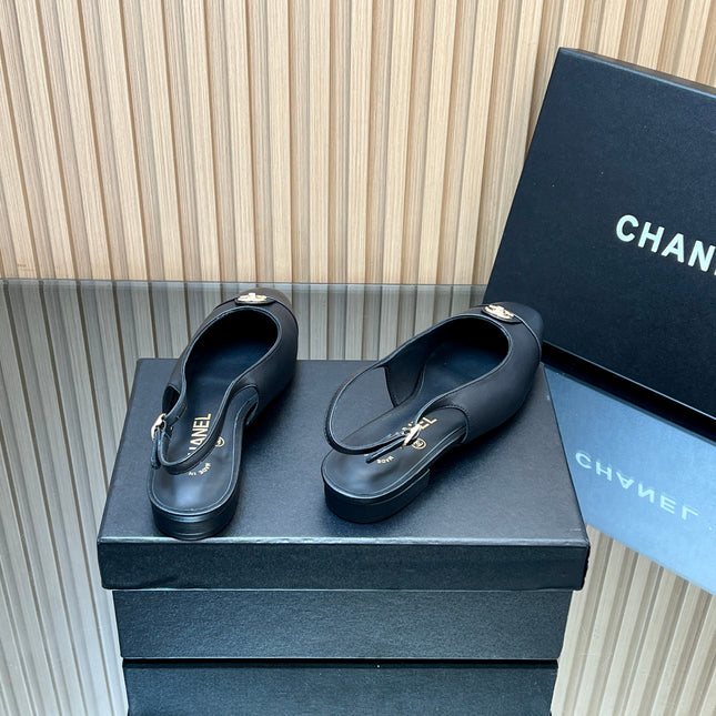 CHANEL 25S SLINGBACK FLATS IN BLACK CALFSKIN GOLD HARDWRE