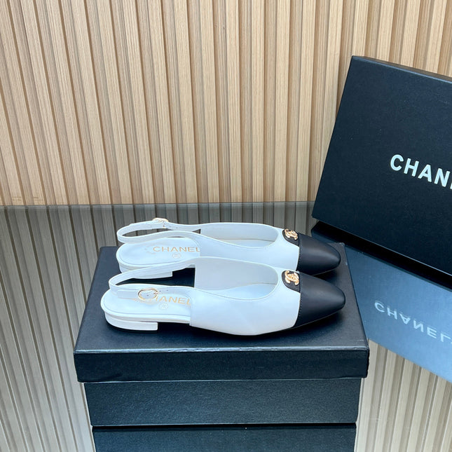 CHANEL 25S SLINGBACK FLATS IN WHITE CALFSKIN GOLD HARDWRE