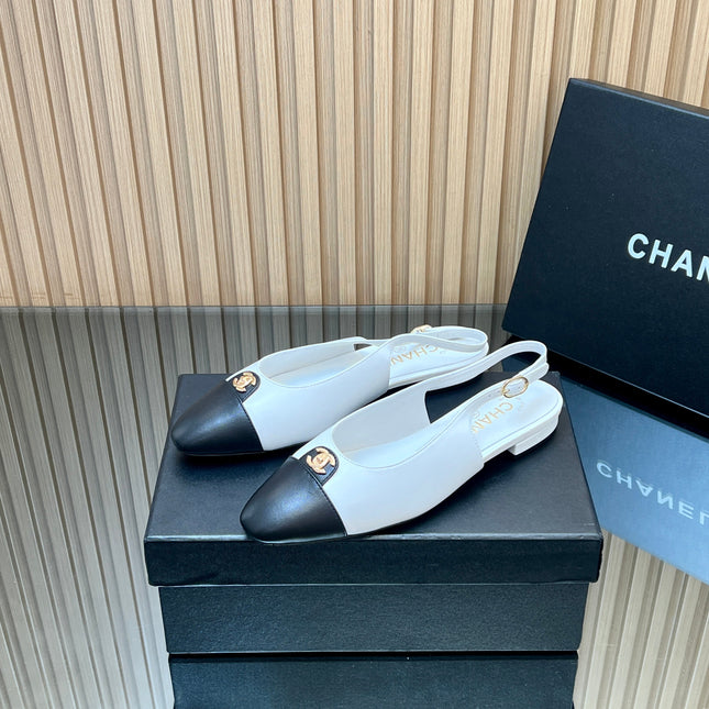 CHANEL 25S SLINGBACK FLATS IN WHITE CALFSKIN GOLD HARDWRE