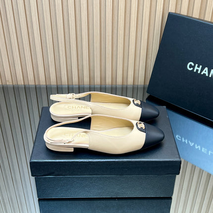 CHANEL 25S SLINGBACK FLATS IN BEIGE CALFSKIN GOLD HARDWRE