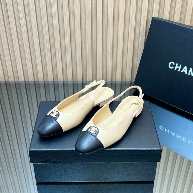 CHANEL 25S SLINGBACK FLATS IN BEIGE CALFSKIN GOLD HARDWRE