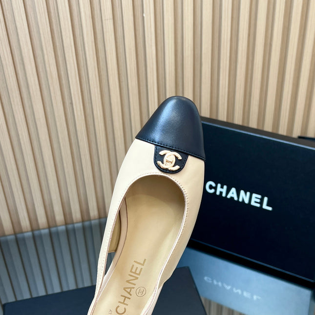 CHANEL 25S SLINGBACK FLATS IN BEIGE CALFSKIN GOLD HARDWRE