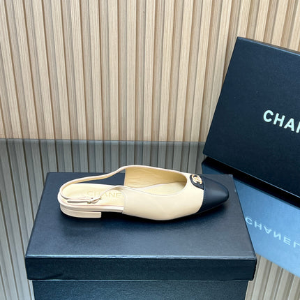 CHANEL 25S SLINGBACK FLATS IN BEIGE CALFSKIN GOLD HARDWRE