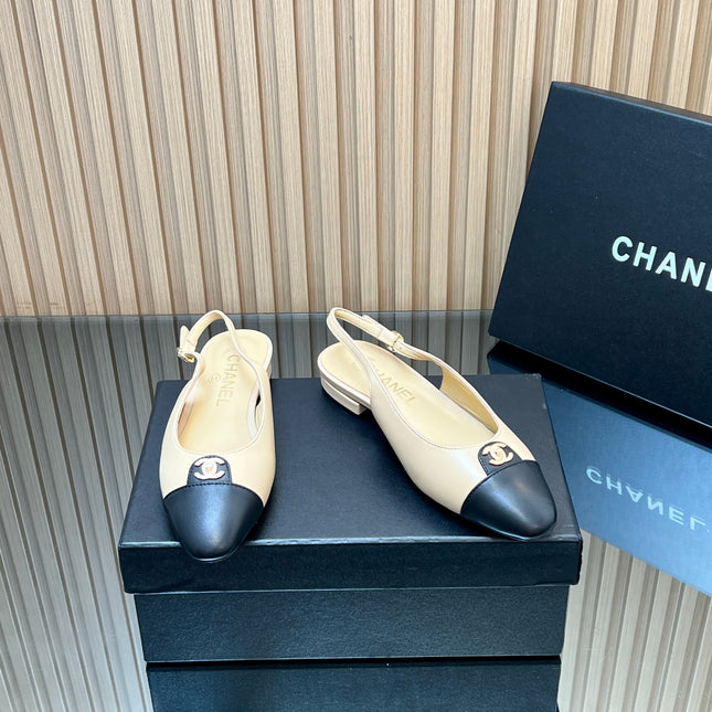 CHANEL 25S SLINGBACK FLATS IN BEIGE CALFSKIN GOLD HARDWRE