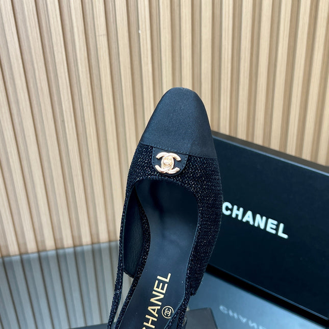CHANEL 25S SLINGBACK SHOE 45MM IN BLACK TWEED