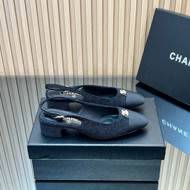 CHANEL 25S SLINGBACK SHOE 45MM IN BLACK TWEED