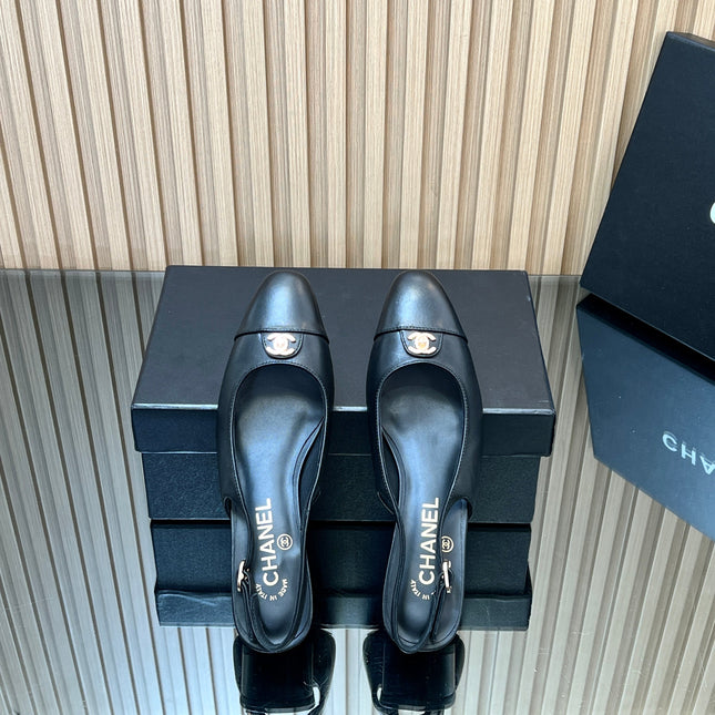 CHANEL 25S SLINGBACK SHOE 45MM IN BLACK CALFSKIN GOLD HARDWRE