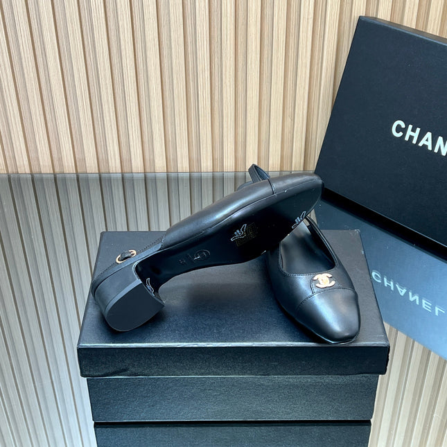 CHANEL 25S SLINGBACK SHOE 45MM IN BLACK CALFSKIN GOLD HARDWRE