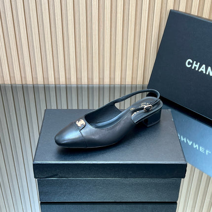 CHANEL 25S SLINGBACK SHOE 45MM IN BLACK CALFSKIN GOLD HARDWRE
