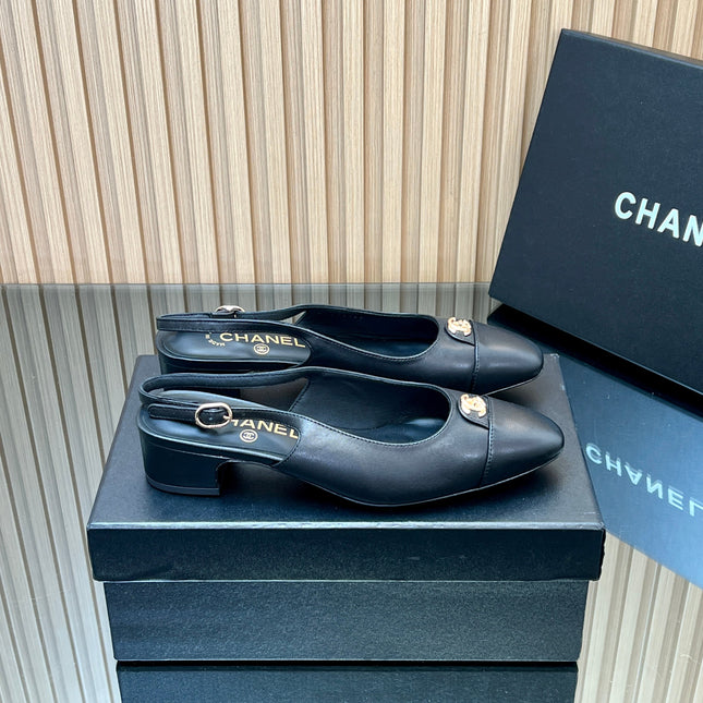 CHANEL 25S SLINGBACK SHOE 45MM IN BLACK CALFSKIN GOLD HARDWRE