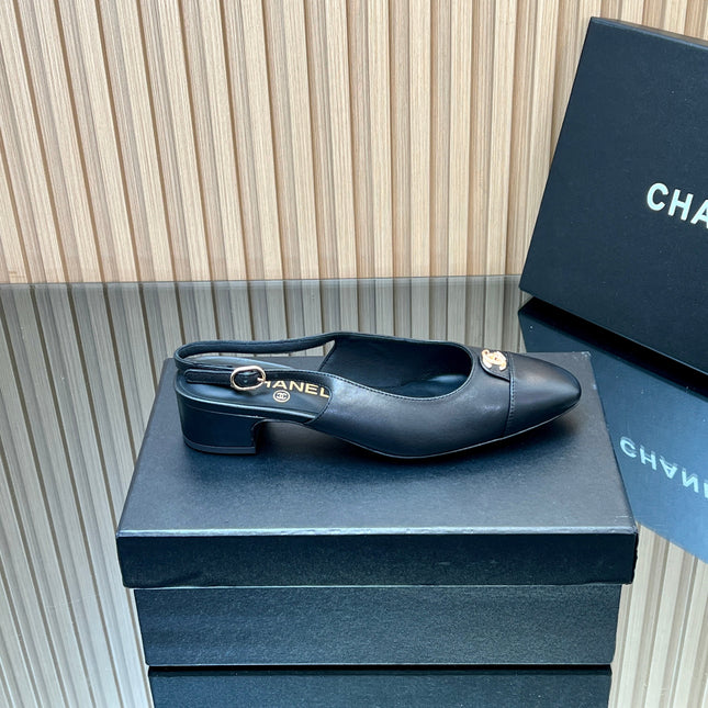 CHANEL 25S SLINGBACK SHOE 45MM IN BLACK CALFSKIN GOLD HARDWRE