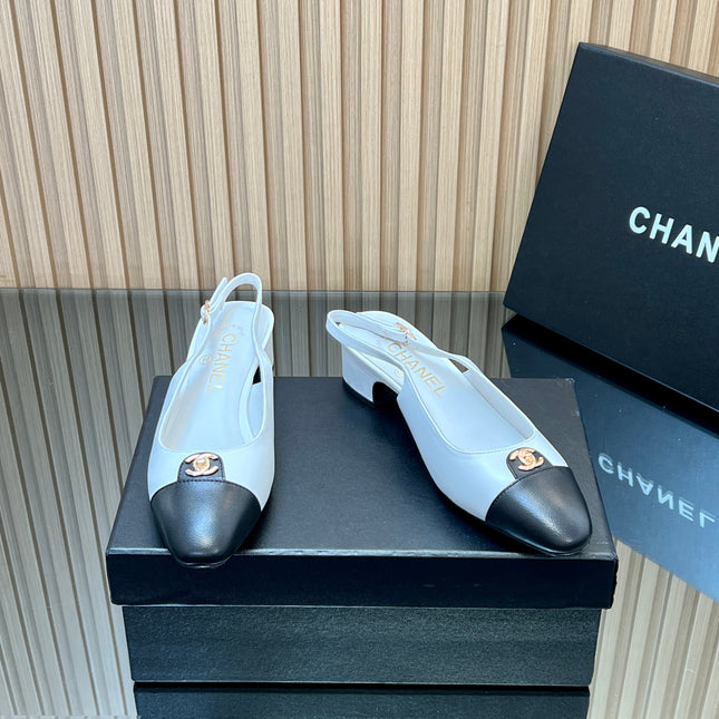 CHANEL 25S SLINGBACK SHOE 45MM IN WHITE CALFSKIN GOLD HARDWRE
