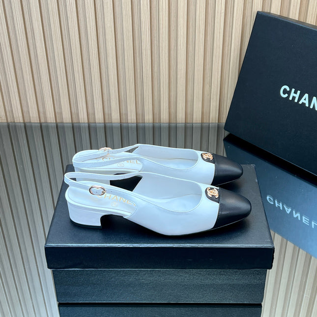 CHANEL 25S SLINGBACK SHOE 45MM IN WHITE CALFSKIN GOLD HARDWRE