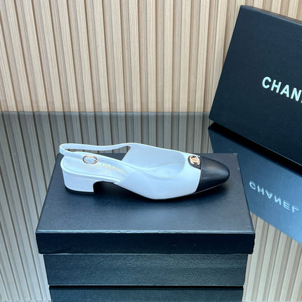 CHANEL 25S SLINGBACK SHOE 45MM IN WHITE CALFSKIN GOLD HARDWRE