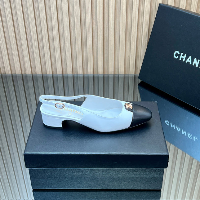 CHANEL 25S SLINGBACK SHOE 45MM IN WHITE CALFSKIN GOLD HARDWRE