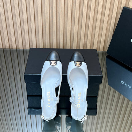 CHANEL 25S SLINGBACK SHOE 45MM IN WHITE CALFSKIN GOLD HARDWRE