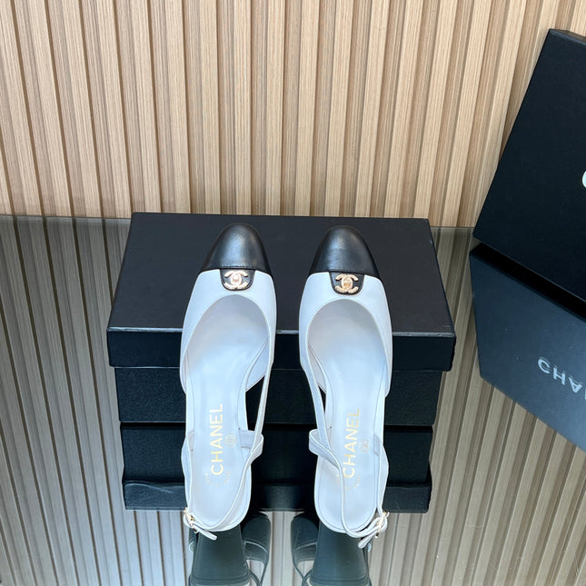 CHANEL 25S SLINGBACK SHOE LOGO 65MM IN WHITE CALFSKIN GOLD HARDWRE