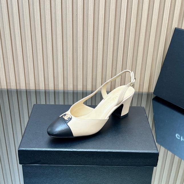 CHANEL 25S SLINGBACK SHOE LOGO 65MM IN BEIGE CALFSKIN GOLD HARDWRE