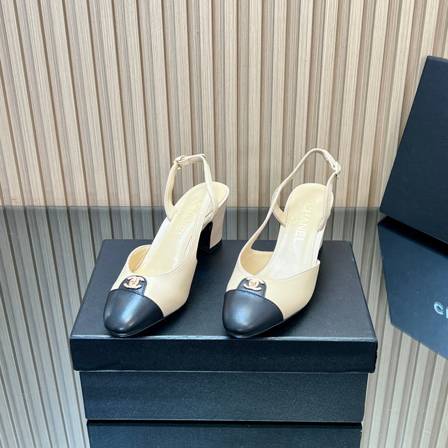 CHANEL 25S SLINGBACK SHOE LOGO 65MM IN BEIGE CALFSKIN GOLD HARDWRE