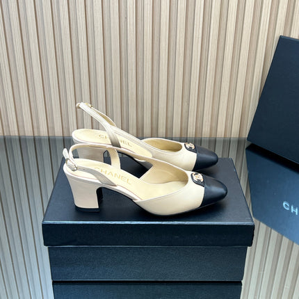 CHANEL 25S SLINGBACK SHOE LOGO 65MM IN BEIGE CALFSKIN GOLD HARDWRE