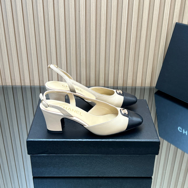 CHANEL 25S SLINGBACK SHOE LOGO 65MM IN BEIGE CALFSKIN GOLD HARDWRE