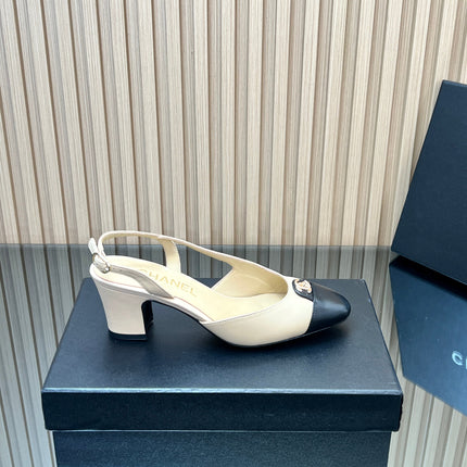 CHANEL 25S SLINGBACK SHOE LOGO 65MM IN BEIGE CALFSKIN GOLD HARDWRE