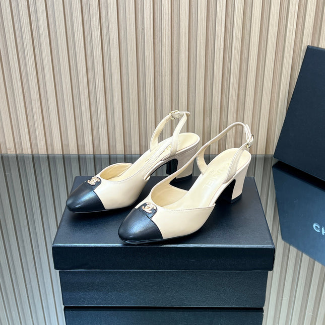 CHANEL 25S SLINGBACK SHOE LOGO 65MM IN BEIGE CALFSKIN GOLD HARDWRE