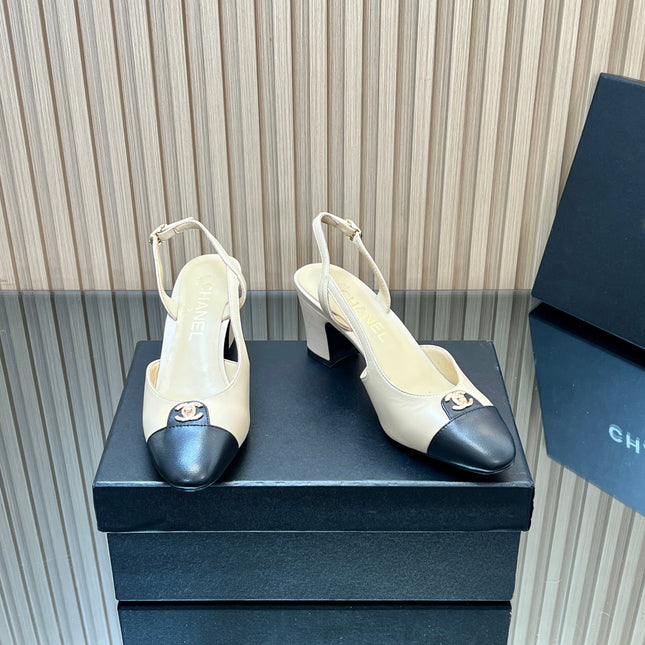 CHANEL 25S SLINGBACK SHOE LOGO 65MM IN BEIGE CALFSKIN GOLD HARDWRE