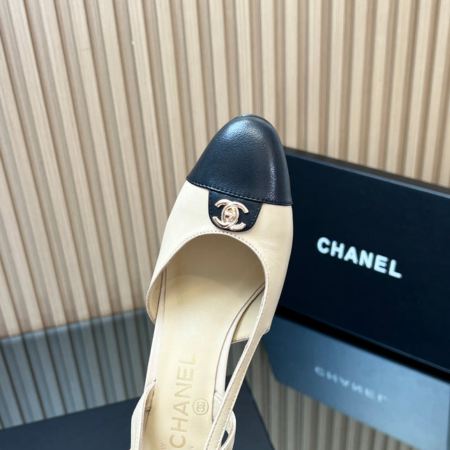CHANEL 25S SLINGBACK SHOE LOGO 65MM IN BEIGE CALFSKIN GOLD HARDWRE