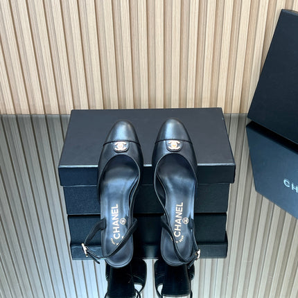 CHANEL 25S SLINGBACK SHOE LOGO 65MM IN BLACK CALFSKIN GOLD HARDWRE