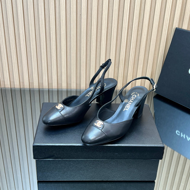 CHANEL 25S SLINGBACK SHOE LOGO 65MM IN BLACK CALFSKIN GOLD HARDWRE