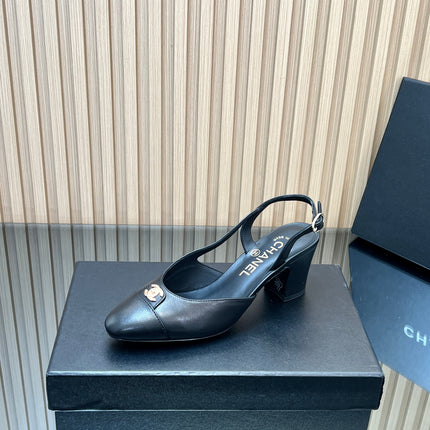 CHANEL 25S SLINGBACK SHOE LOGO 65MM IN BLACK CALFSKIN GOLD HARDWRE