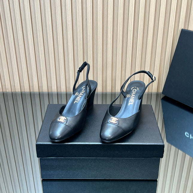 CHANEL 25S SLINGBACK SHOE LOGO 65MM IN BLACK CALFSKIN GOLD HARDWRE