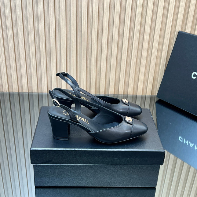 CHANEL 25S SLINGBACK SHOE LOGO 65MM IN BLACK CALFSKIN GOLD HARDWRE