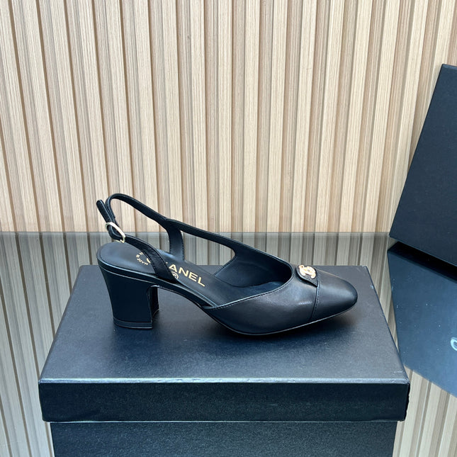 CHANEL 25S SLINGBACK SHOE LOGO 65MM IN BLACK CALFSKIN GOLD HARDWRE