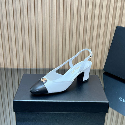 CHANEL 25S SLINGBACK SHOE LOGO 65MM IN WHITE CALFSKIN GOLD HARDWRE