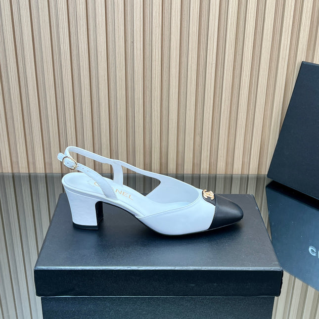CHANEL 25S SLINGBACK SHOE LOGO 65MM IN WHITE CALFSKIN GOLD HARDWRE