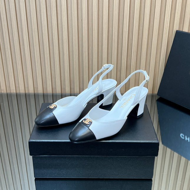 CHANEL 25S SLINGBACK SHOE LOGO 65MM IN WHITE CALFSKIN GOLD HARDWRE