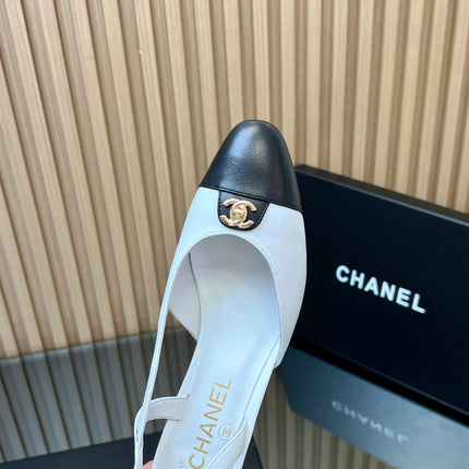 CHANEL 25S SLINGBACK SHOE LOGO 65MM IN WHITE CALFSKIN GOLD HARDWRE