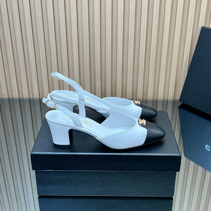 CHANEL 25S SLINGBACK SHOE LOGO 65MM IN WHITE CALFSKIN GOLD HARDWRE