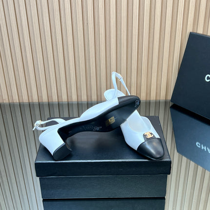 CHANEL 25S SLINGBACK SHOE LOGO 65MM IN WHITE CALFSKIN GOLD HARDWRE