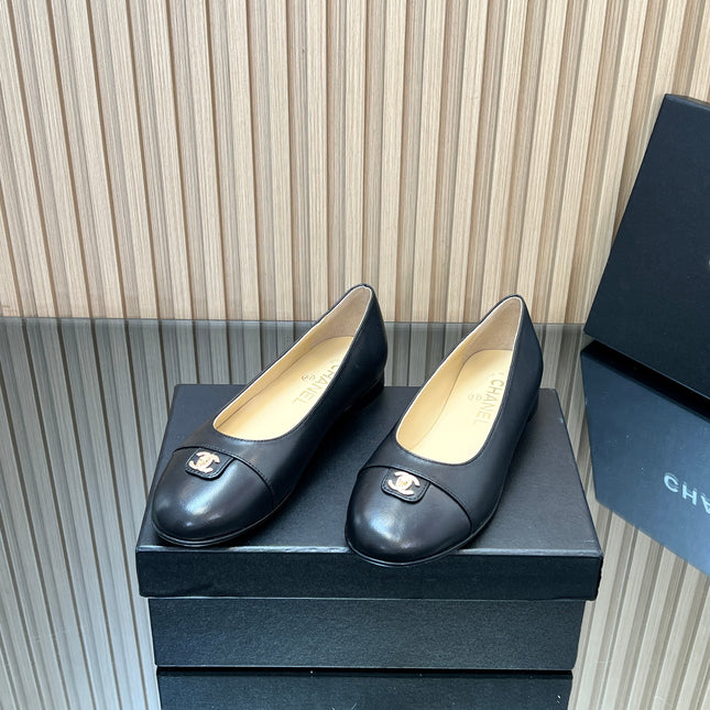 CHANEL 25S BALLET FLATS IN BLACK LAMBSKIN GOLD HARDWRE