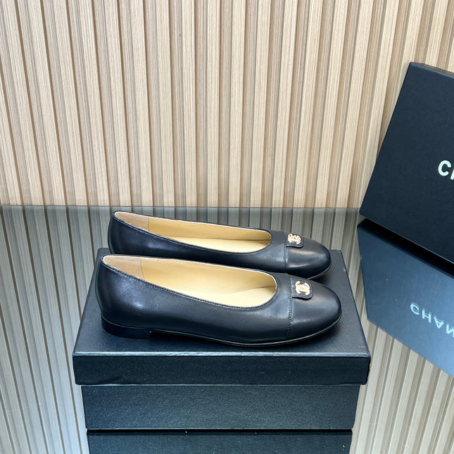 CHANEL 25S BALLET FLATS IN BLACK LAMBSKIN GOLD HARDWRE
