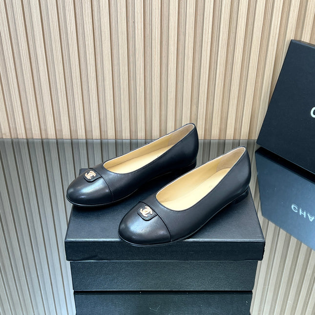 CHANEL 25S BALLET FLATS IN BLACK LAMBSKIN GOLD HARDWRE