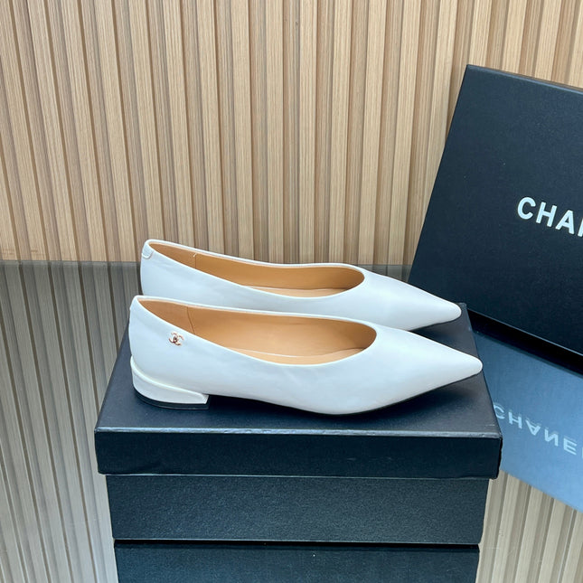 CHANEL 25S POINTED-TOE MARY JANE SHOES IN WHITE CALFSKIN