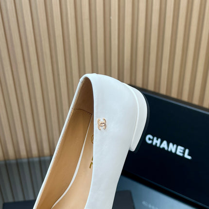 CHANEL 25S POINTED-TOE MARY JANE SHOES IN WHITE CALFSKIN