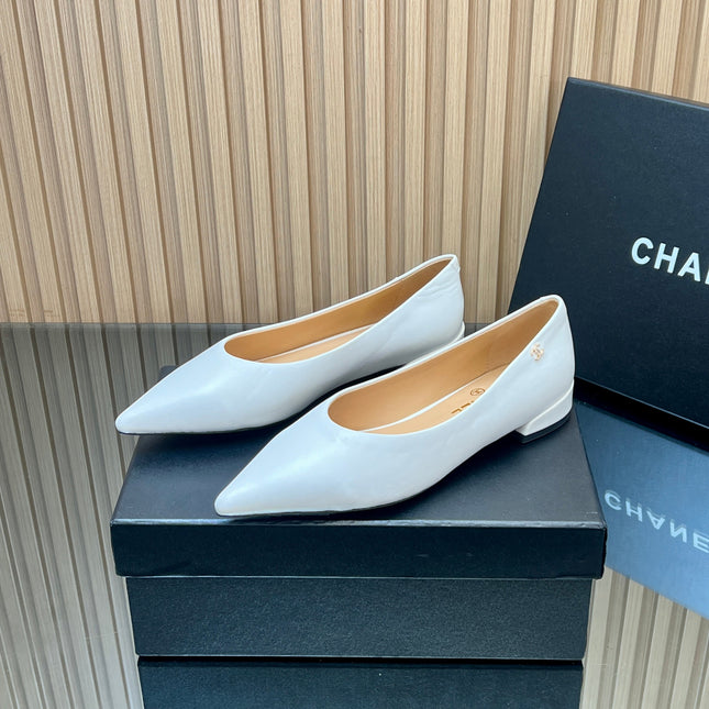 CHANEL 25S POINTED-TOE MARY JANE SHOES IN WHITE CALFSKIN