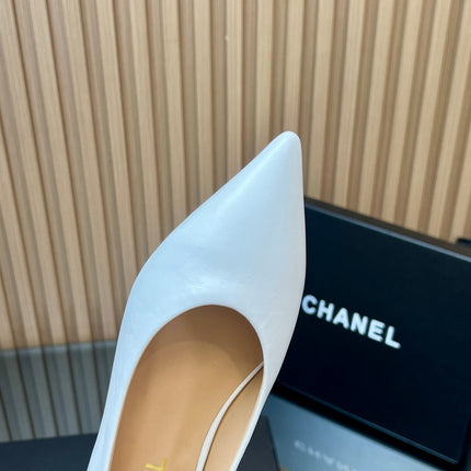 CHANEL 25S POINTED-TOE MARY JANE SHOES IN WHITE CALFSKIN